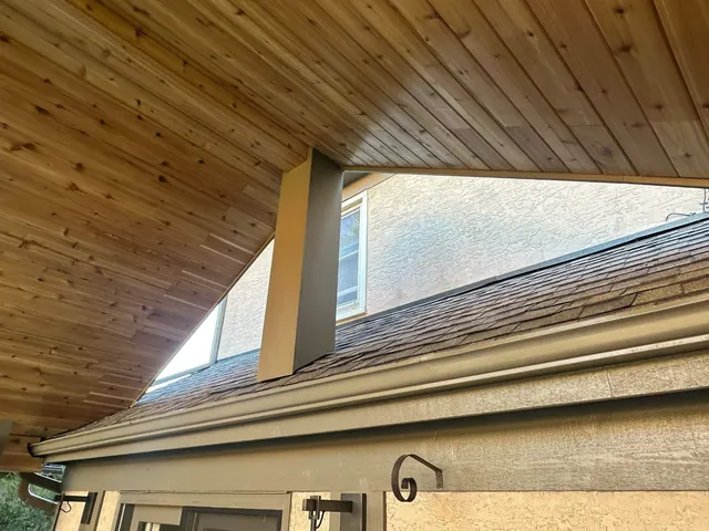 Covered deck roofline and exterior trim detail